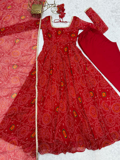 Red Lightweight Chiffon Bandhej 3pc Kurta Set