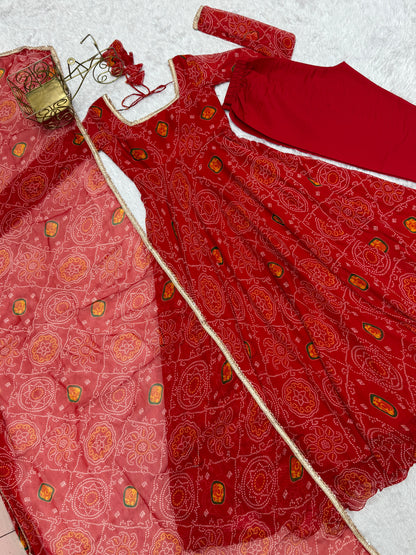Red Lightweight Chiffon Bandhej 3pc Kurta Set