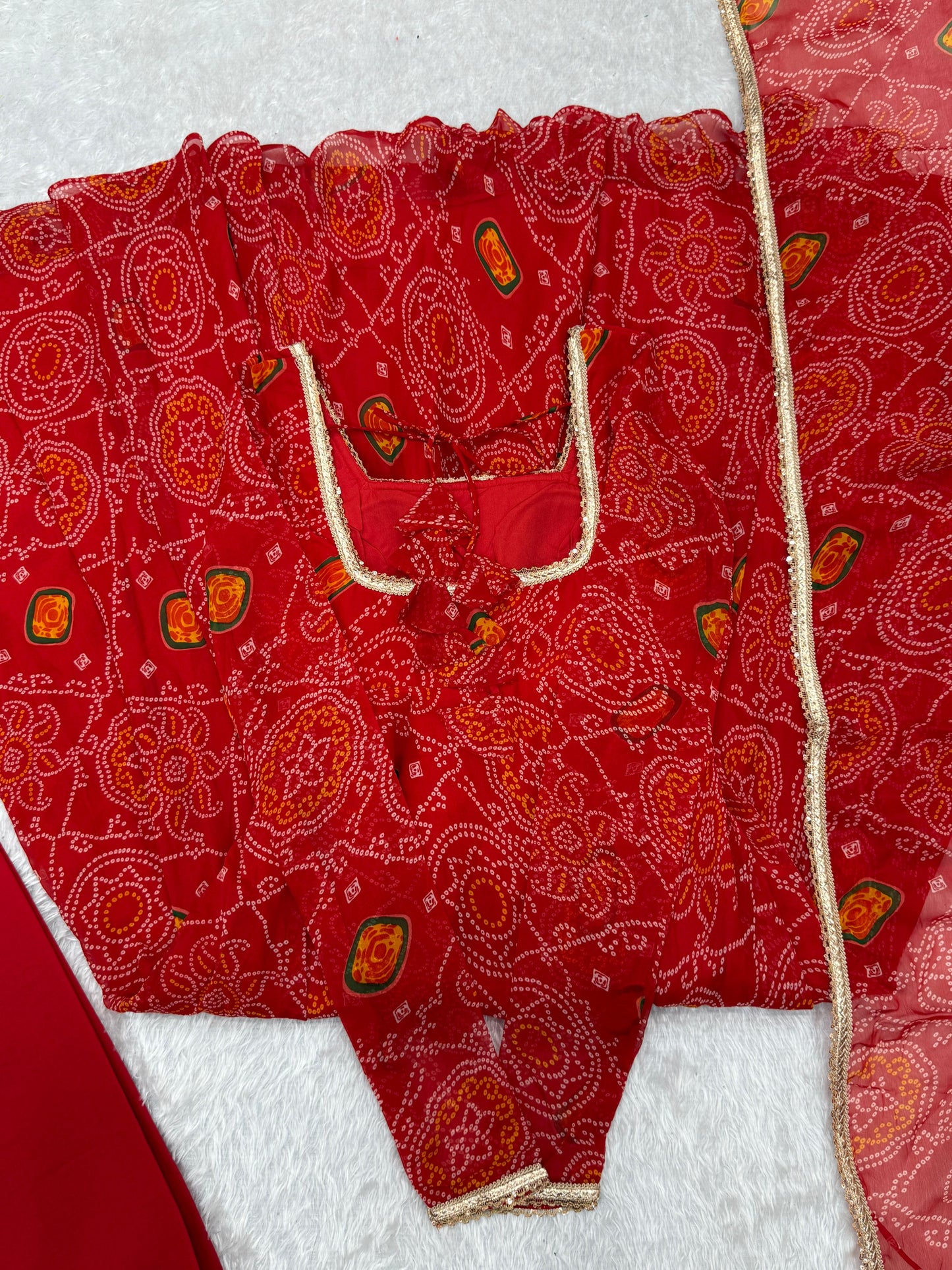 Red Lightweight Chiffon Bandhej 3pc Kurta Set