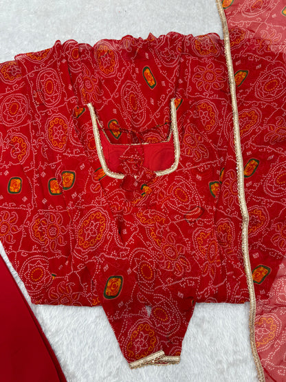 Red Lightweight Chiffon Bandhej 3pc Kurta Set