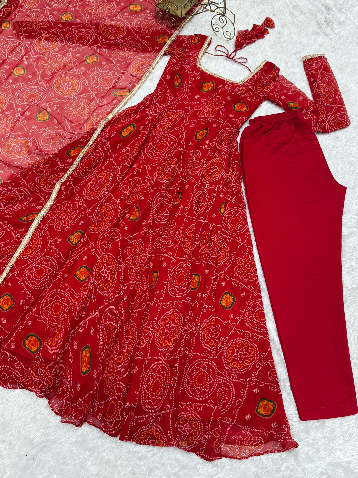 Red Lightweight Chiffon Bandhej 3pc Kurta Set