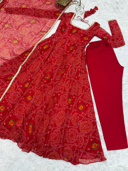 Red Lightweight Chiffon Bandhej 3pc Kurta Set