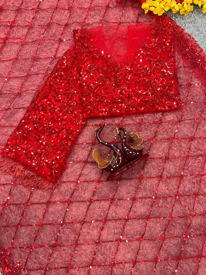 Soft Net With Sequins Embroidery Work Saree