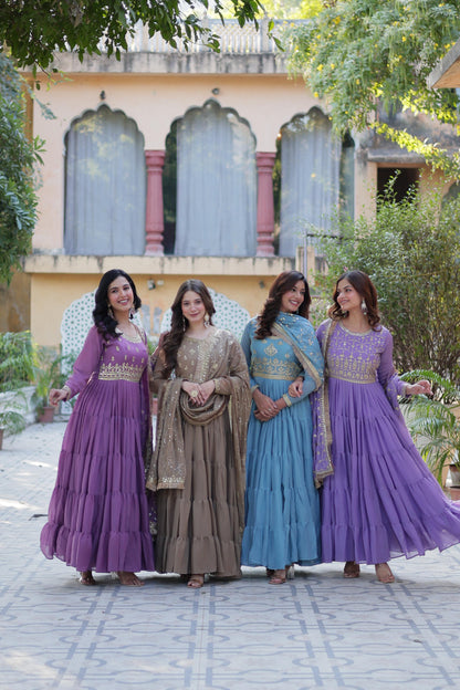 Bright Purple Star Georgette Gown With Dupatta