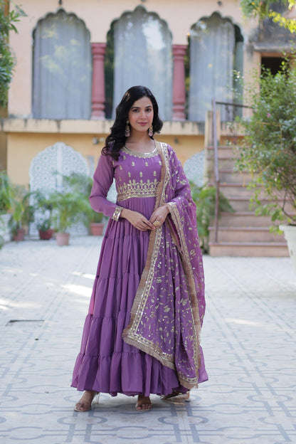 Bright Purple Star Georgette Gown With Dupatta