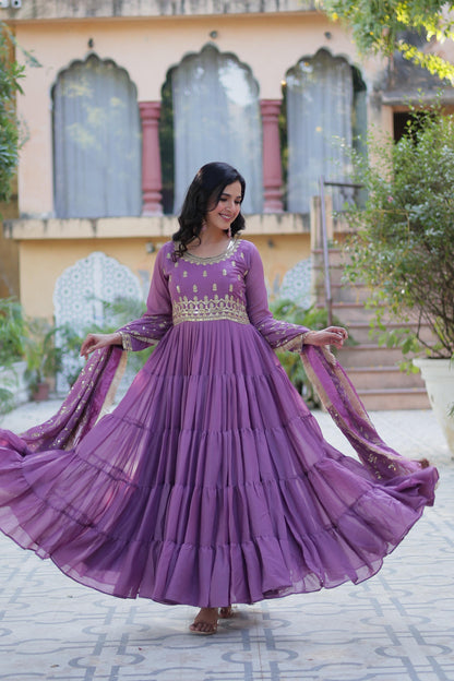 Bright Purple Star Georgette Gown With Dupatta