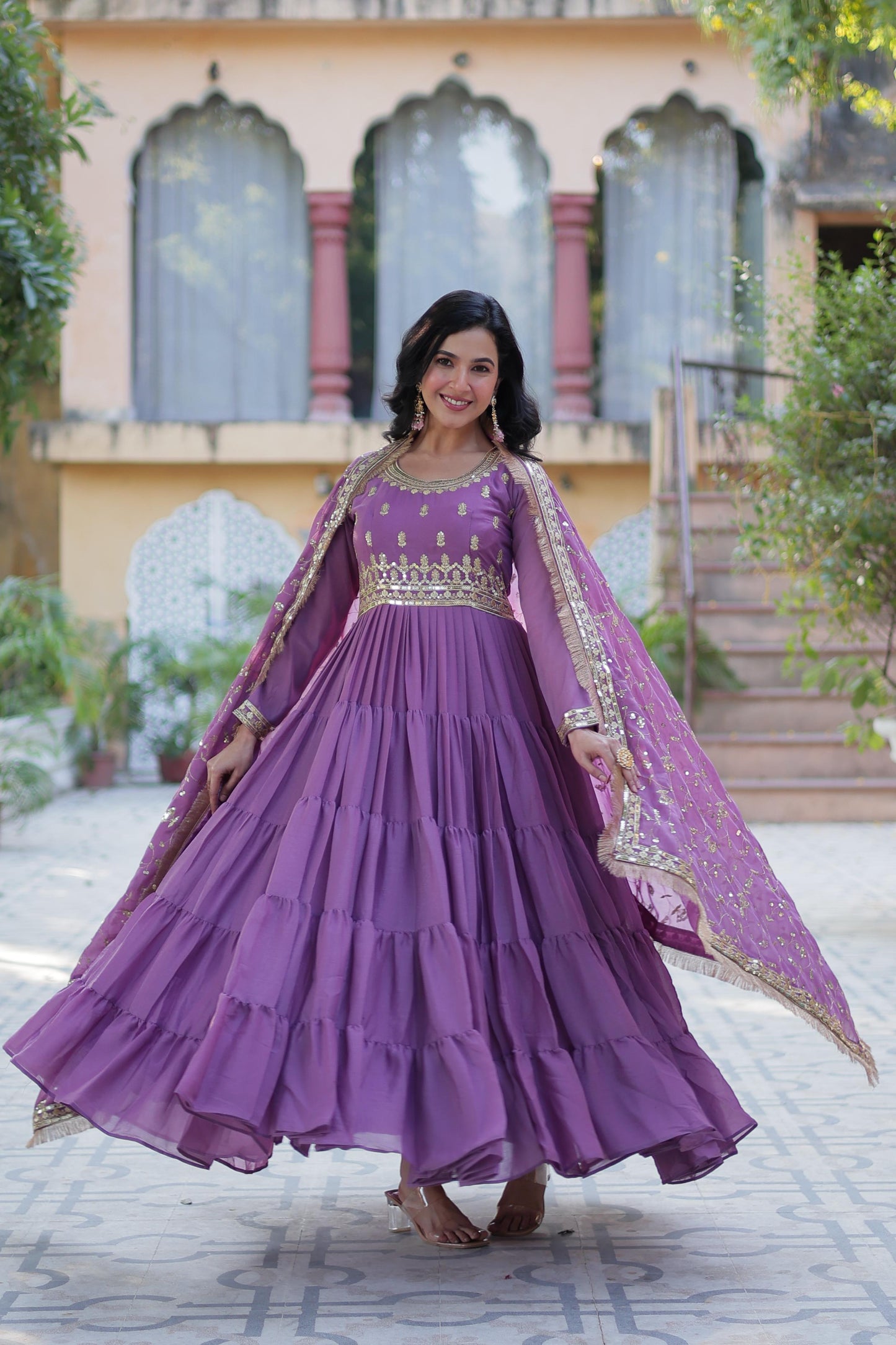 Bright Purple Star Georgette Gown With Dupatta