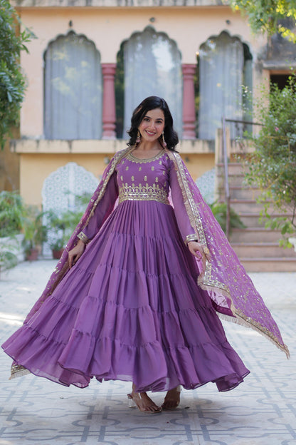 Bright Purple Star Georgette Gown With Dupatta