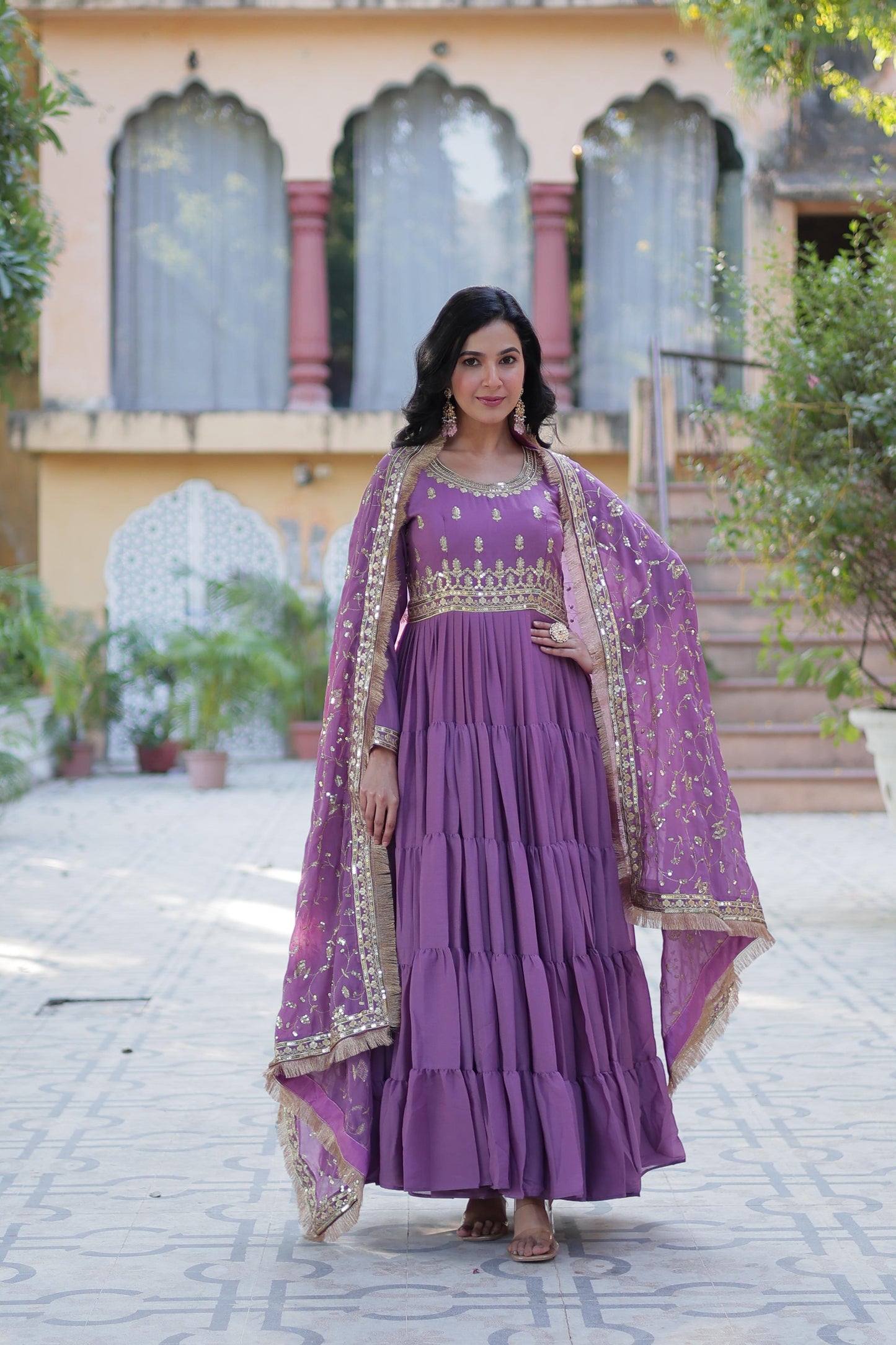 Bright Purple Star Georgette Gown With Dupatta