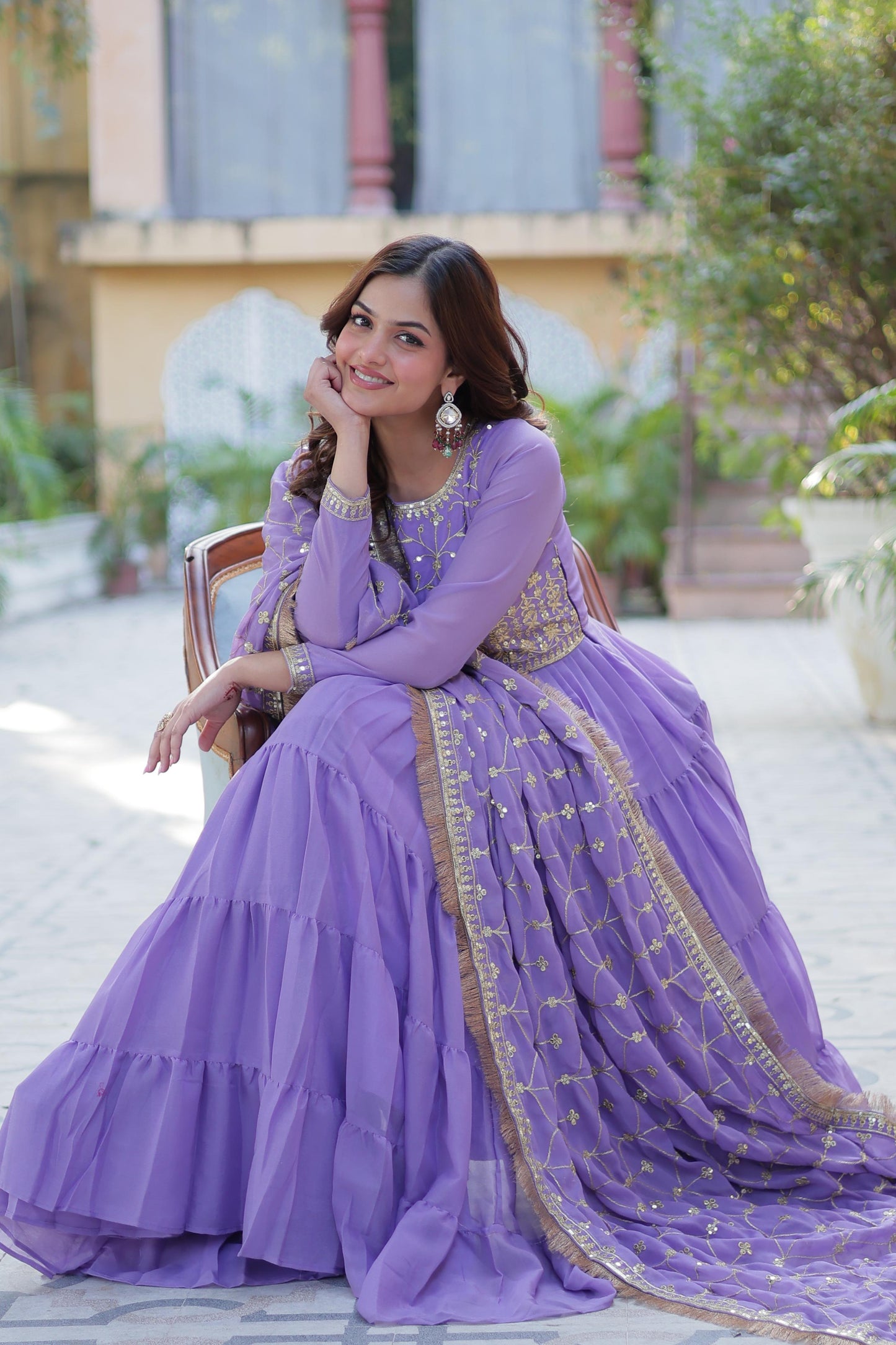 Bright Purple Star Georgette Gown With Dupatta