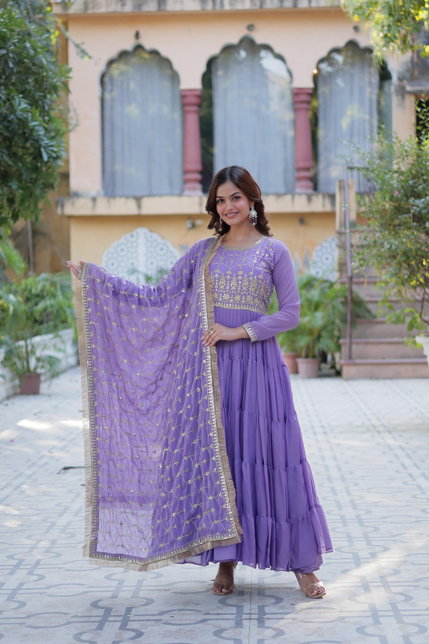 Bright Purple Star Georgette Gown With Dupatta