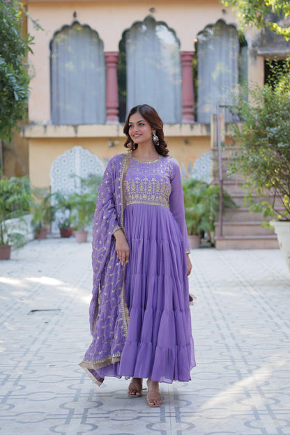 Bright Purple Star Georgette Gown With Dupatta