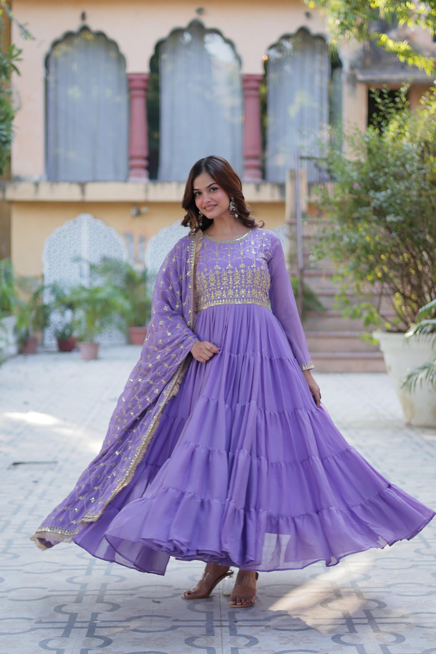 Bright Purple Star Georgette Gown With Dupatta