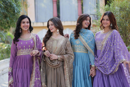 Bright Purple Star Georgette Gown With Dupatta