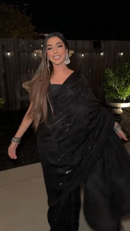 Designer Black Faux Georgette Sequins Work Saree