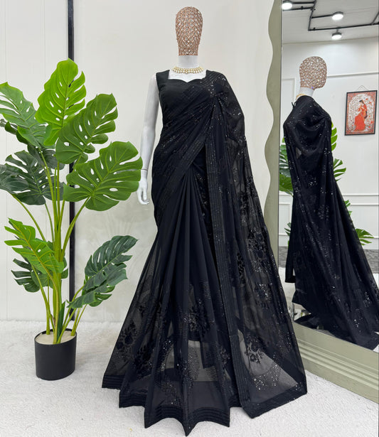 Designer Black Faux Georgette Sequins Work Saree
