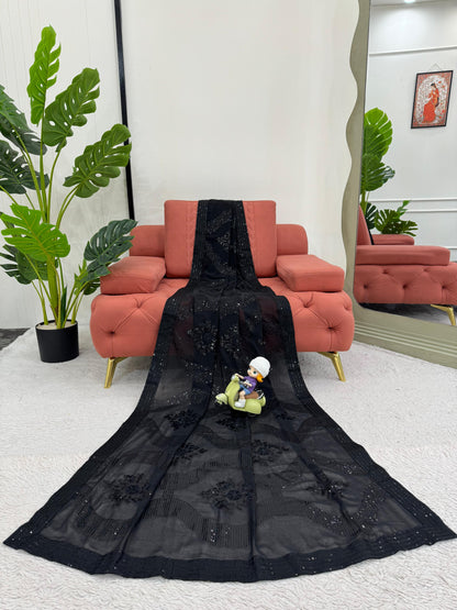 Designer Black Faux Georgette Sequins Work Saree