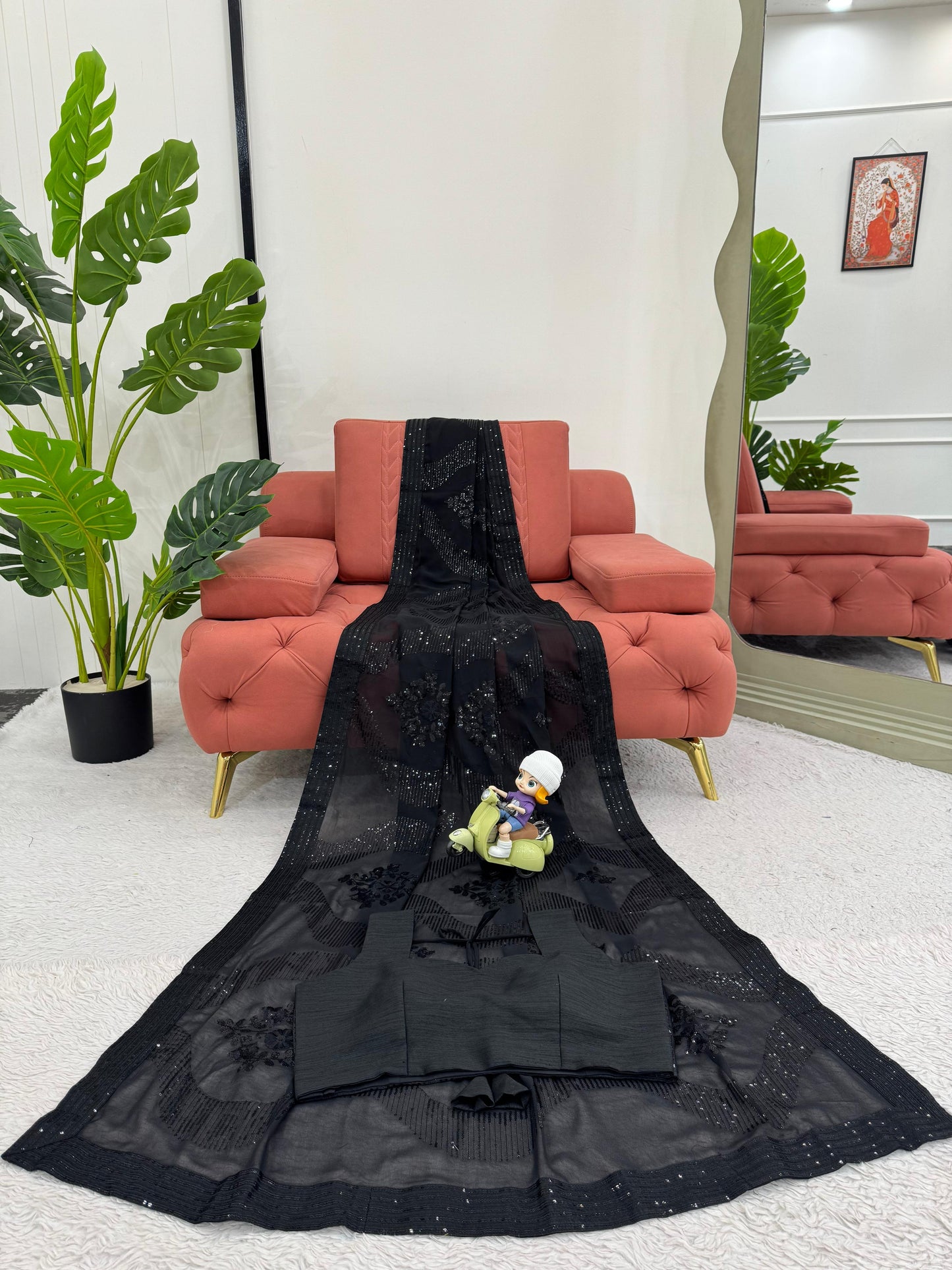 Designer Black Faux Georgette Sequins Work Saree