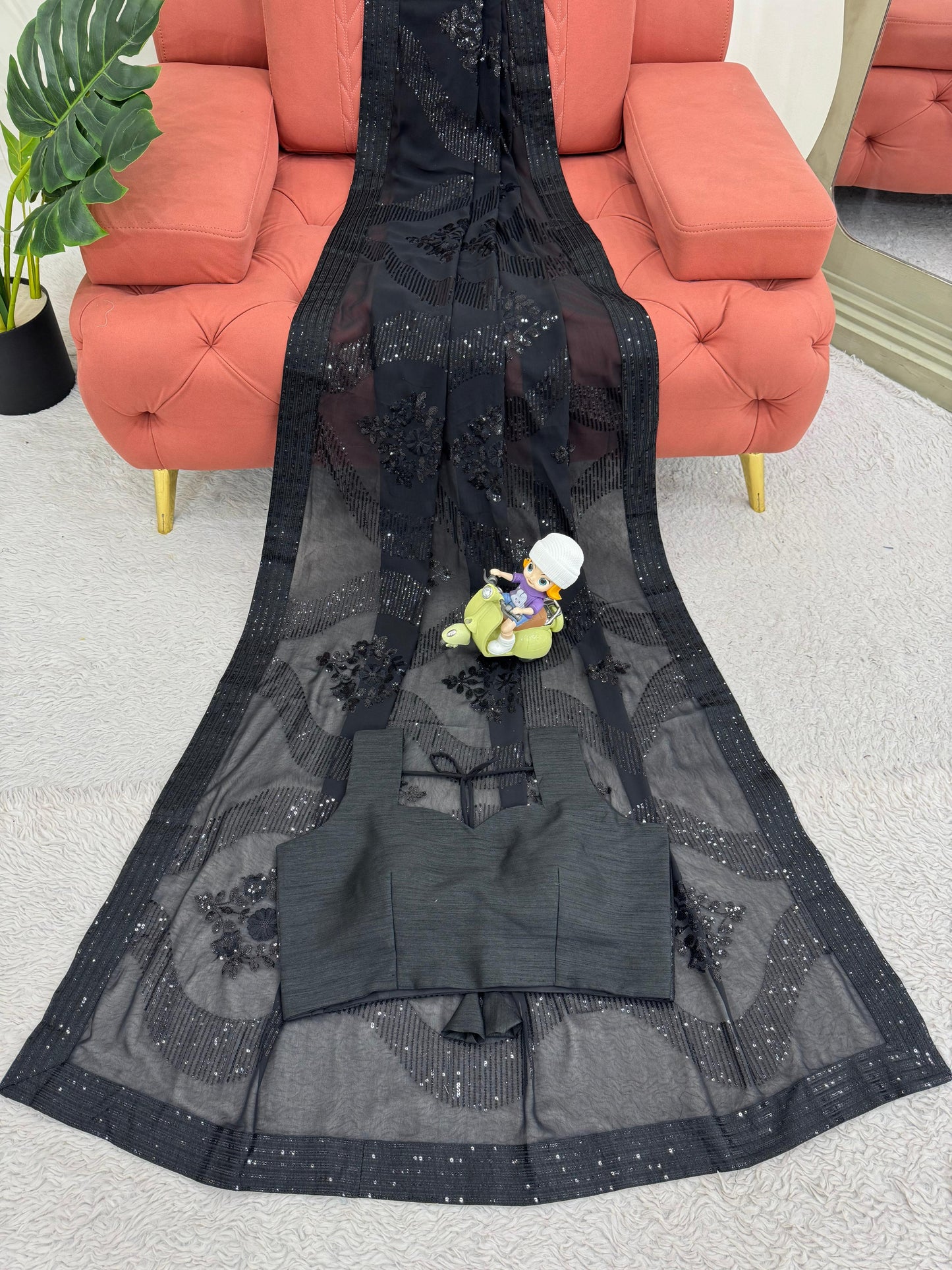 Designer Black Faux Georgette Sequins Work Saree