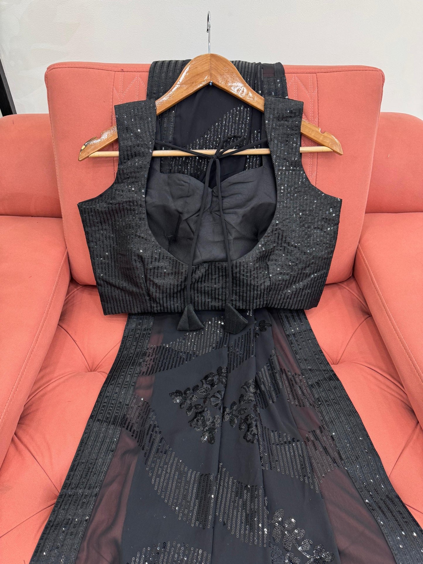 Designer Black Faux Georgette Sequins Work Saree