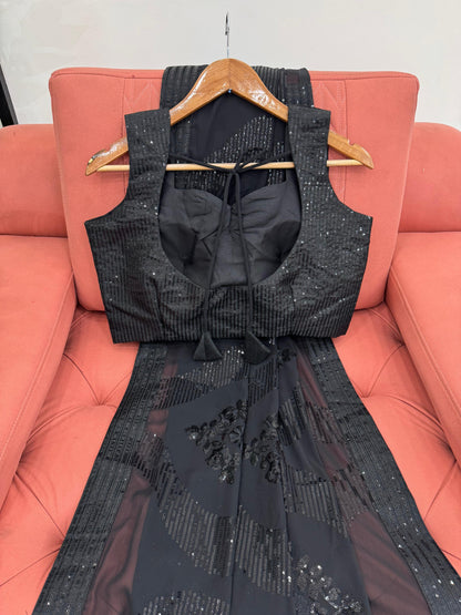 Designer Black Faux Georgette Sequins Work Saree