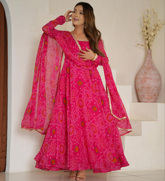 Rani Lightweight Chiffon Bandhej 3pc Kurta Set