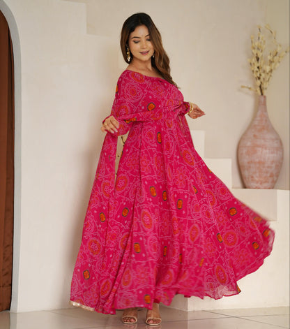 Rani Lightweight Chiffon Bandhej 3pc Kurta Set