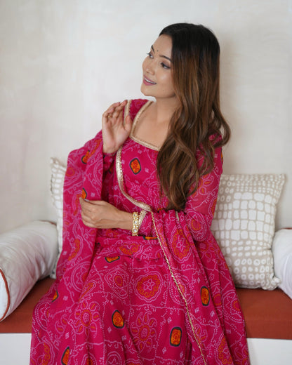 Rani Lightweight Chiffon Bandhej 3pc Kurta Set