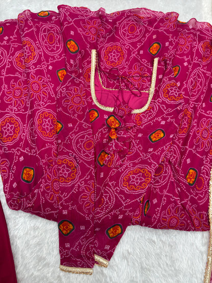 Rani Lightweight Chiffon Bandhej 3pc Kurta Set