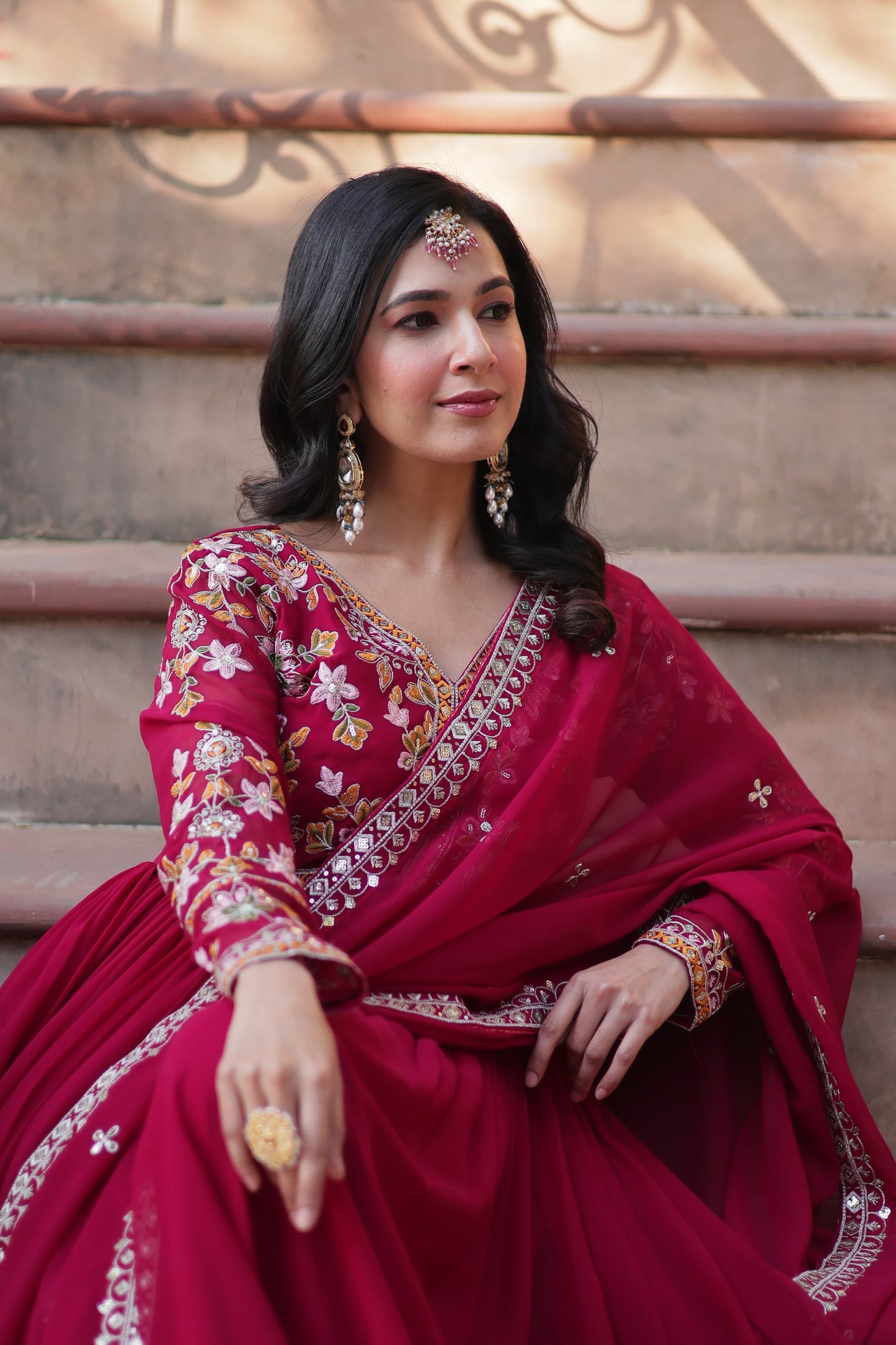 Rani Faux Blooming with Embroidery Zari Sequins Work Gown With Dupatta