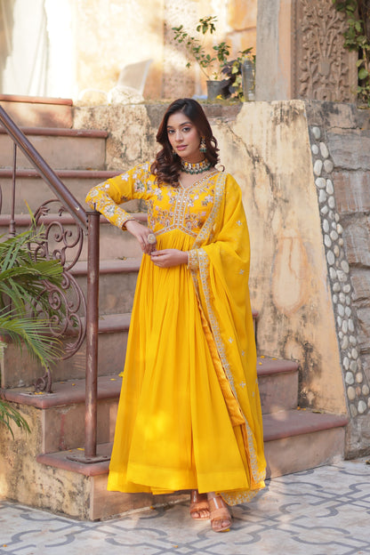 Rani Faux Blooming with Embroidery Zari Sequins Work Gown With Dupatta