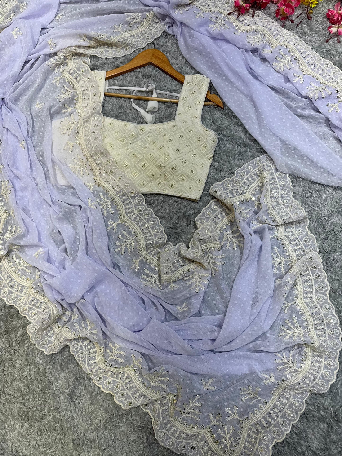 Lavnder Color Soft Chiffon Butti Work Saree