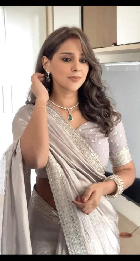 Silver Color Zari Silk Banarasi Crush Saree