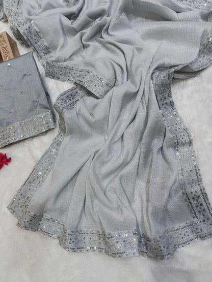 Silver Color Zari Silk Banarasi Crush Saree