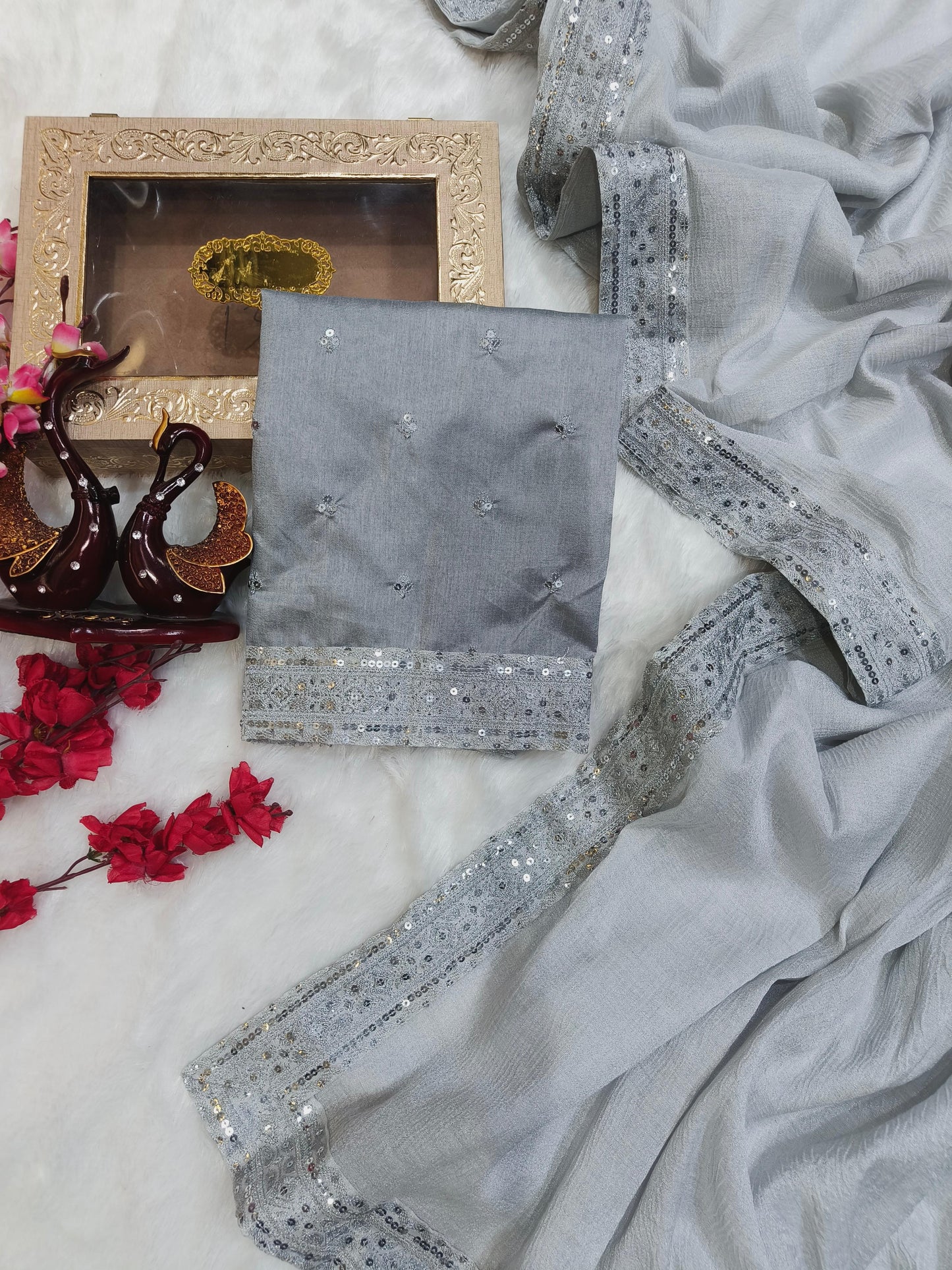 Silver Color Zari Silk Banarasi Crush Saree