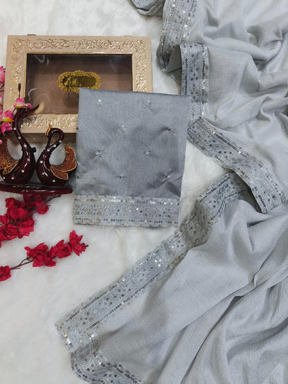 Silver Color Zari Silk Banarasi Crush Saree