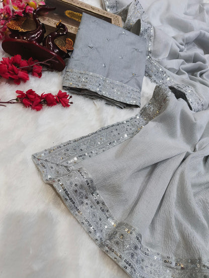 Silver Color Zari Silk Banarasi Crush Saree