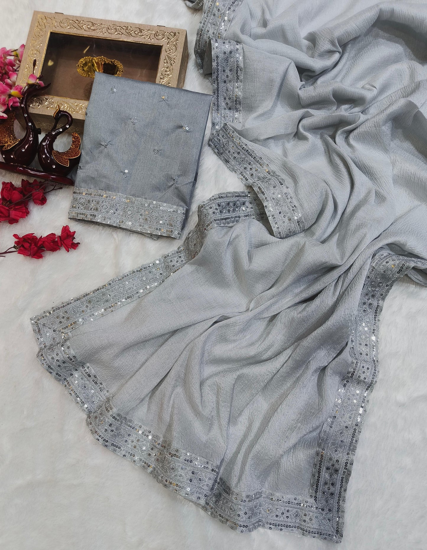 Silver Color Zari Silk Banarasi Crush Saree
