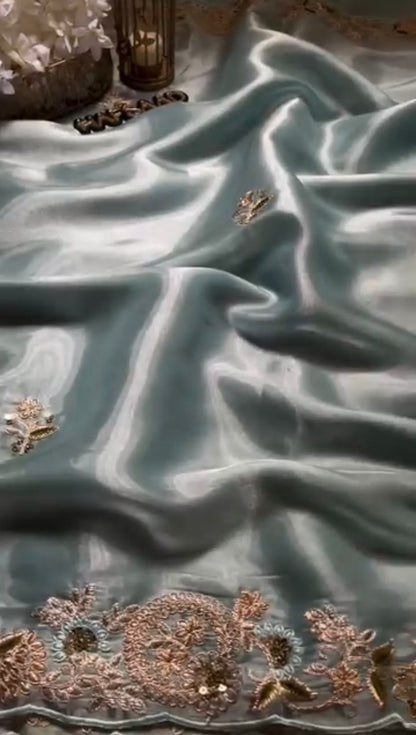 Sky Blue Color Heavy Zimmy Chu Saree