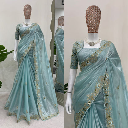 Sky Blue Color Heavy Zimmy Chu Saree