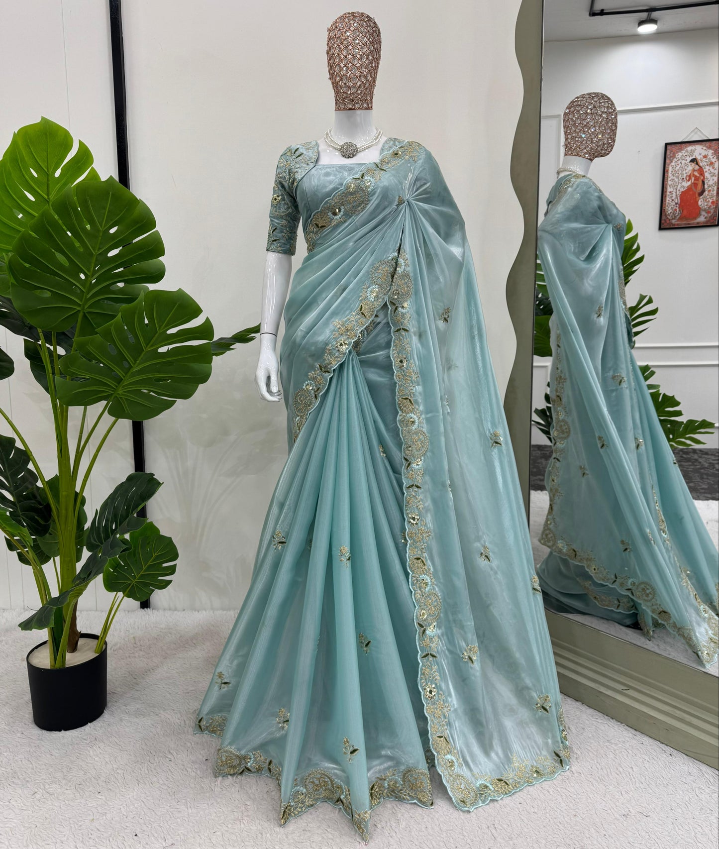 Sky Blue Color Heavy Zimmy Chu Saree