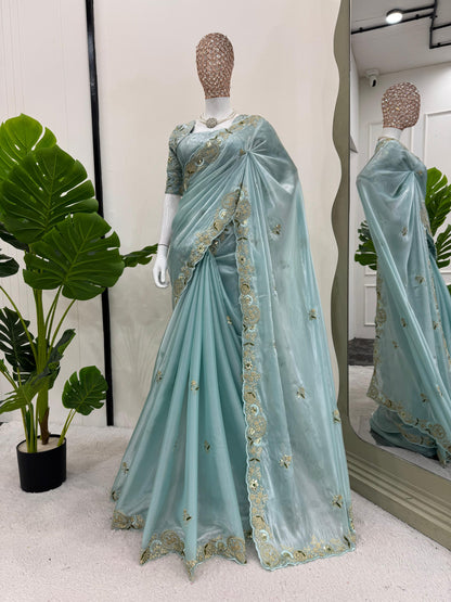 Sky Blue Color Heavy Zimmy Chu Saree