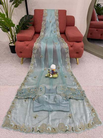 Sky Blue Color Heavy Zimmy Chu Saree