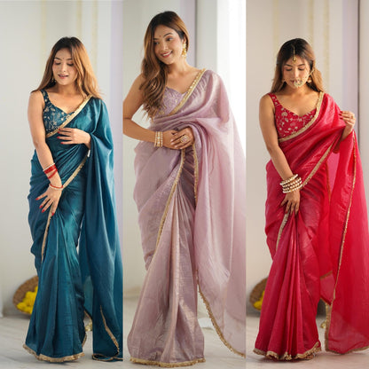 Tealblue Gold Crush Tissu With Zari Work Ready To Wear Saree