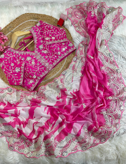 Rani -Pink Soft Rangoli Silk With  Lehariya Digital Prints Saree