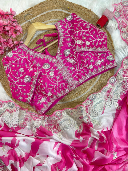 Rani -Pink Soft Rangoli Silk With  Lehariya Digital Prints Saree