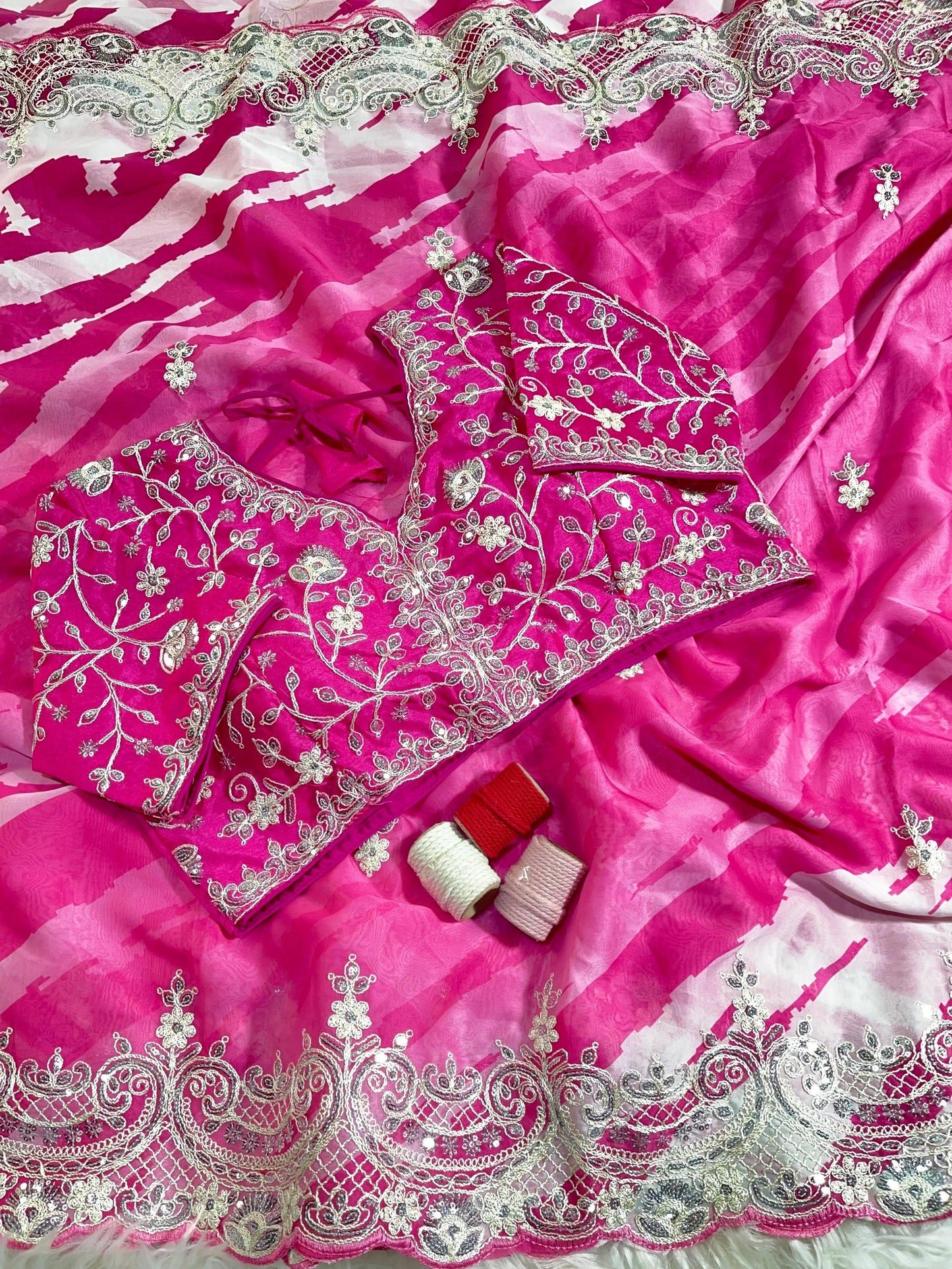 Rani -Pink Soft Rangoli Silk With  Lehariya Digital Prints Saree