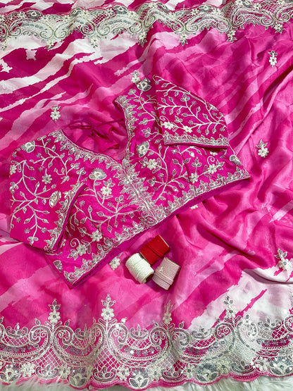 Rani -Pink Soft Rangoli Silk With  Lehariya Digital Prints Saree