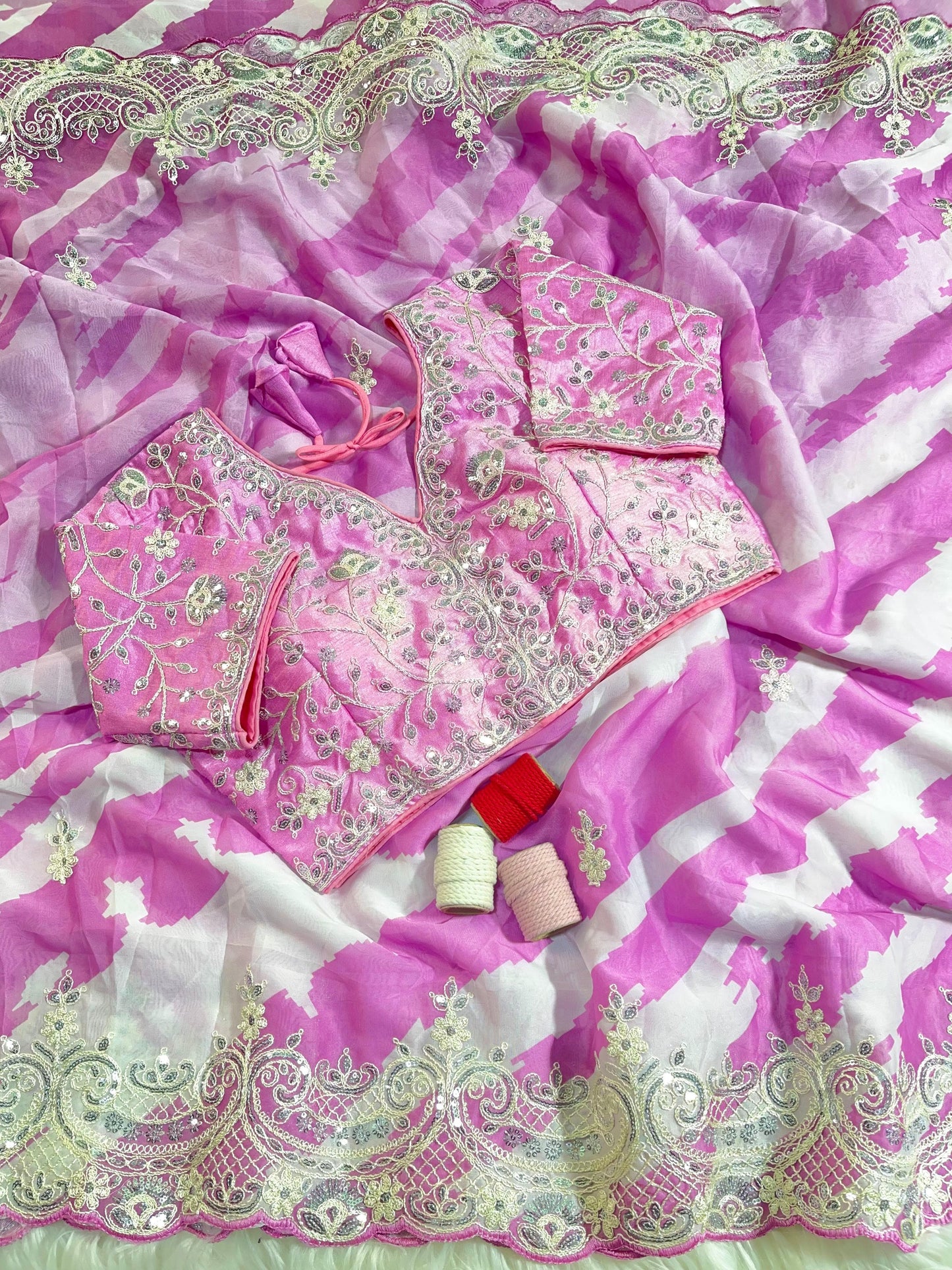 Rani -Pink Soft Rangoli Silk With  Lehariya Digital Prints Saree