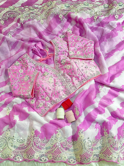 Rani -Pink Soft Rangoli Silk With  Lehariya Digital Prints Saree